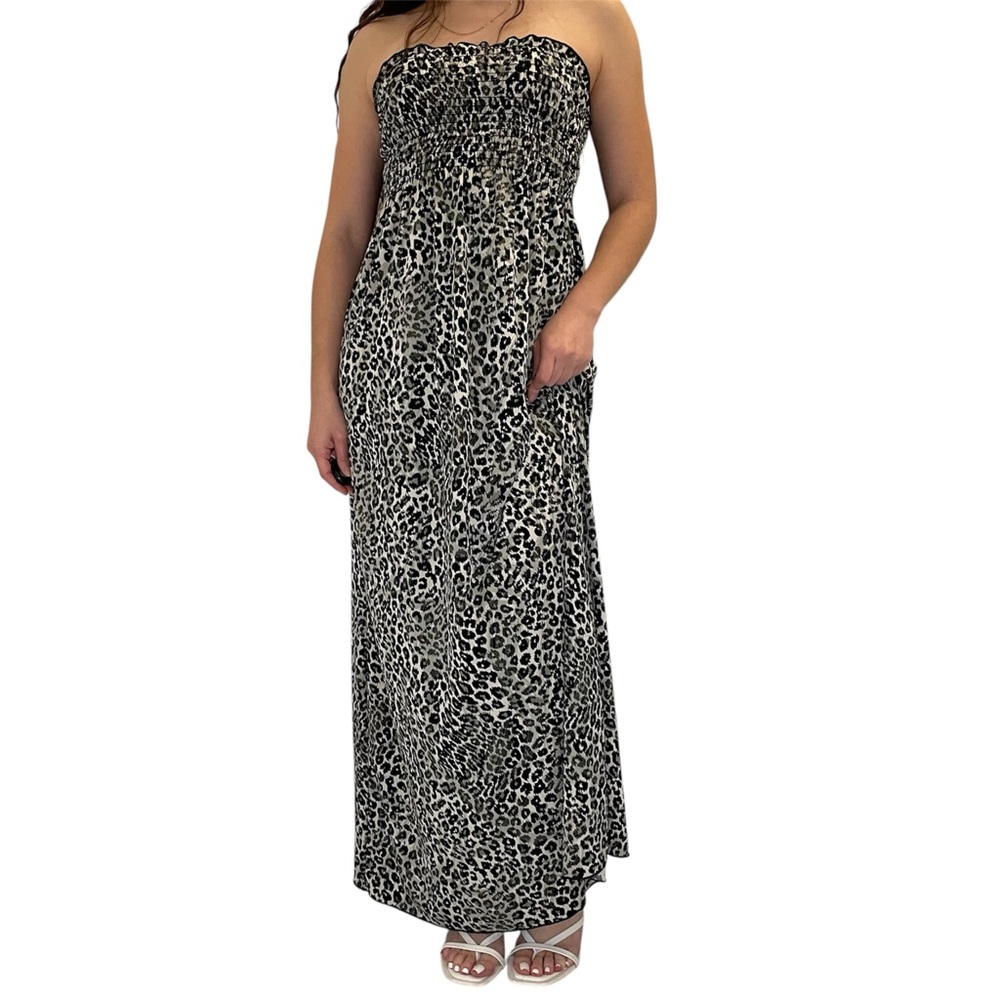 Vintage Leopard Print Strapless Maxi Dress